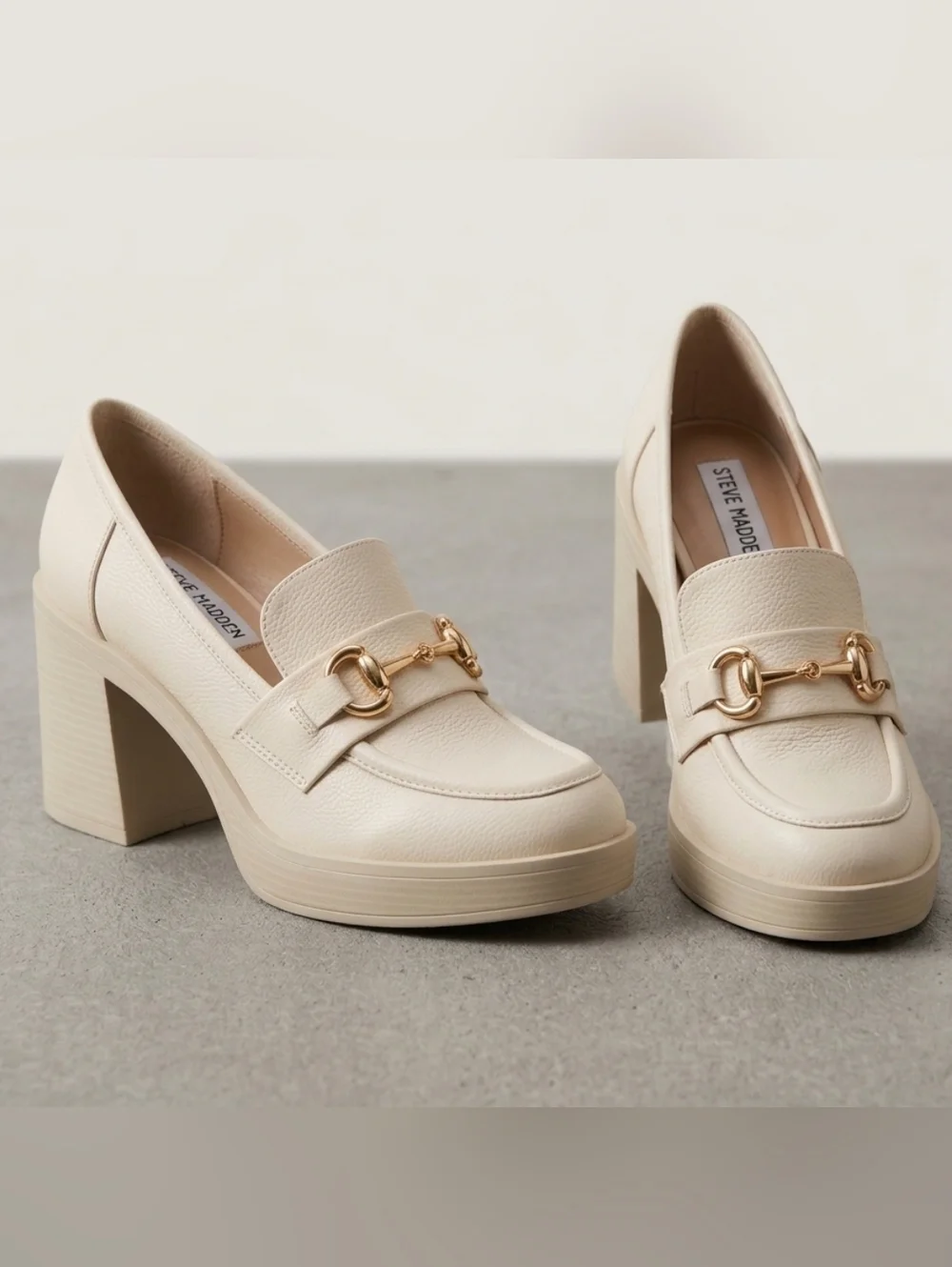 Steve Madden Cream Platform Loafer Heels with Gold Bit